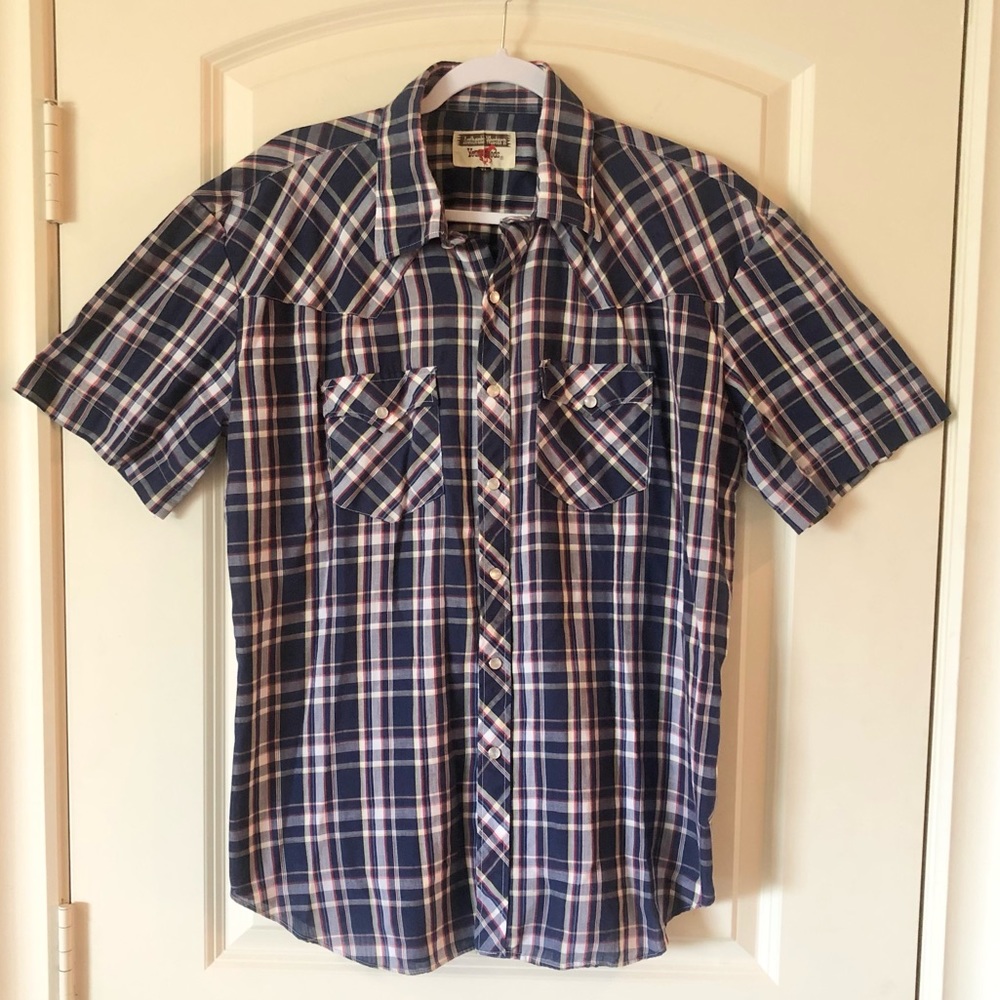Vintage Youngbloods Authentic Western Pearl Snap Shirt Plaid Blue/Red 70s retro